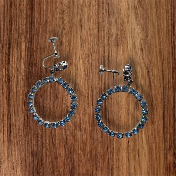 Vintage Silver-Tone Blue Rhinestone Screw-Back Hoop Earrings Estate - Picture 1 of 5